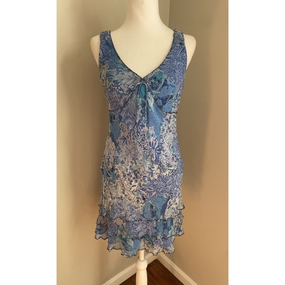 Vintage Women 6P Dress Y2K Silk Babydoll Tiered Blue Bead Bias Cut Robbie Bee‎